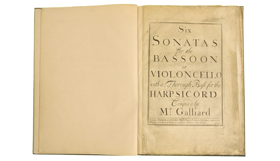 First edition plate-print of Johann Ernst Galliard’s Six Sonatas for the Bassoon or Violoncello with a Thorough Bass for the Harpsicord published in 1733