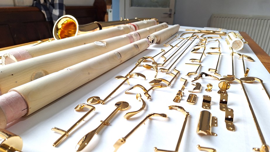 Gold plated metalwork on a contrabassoon in our workshop!