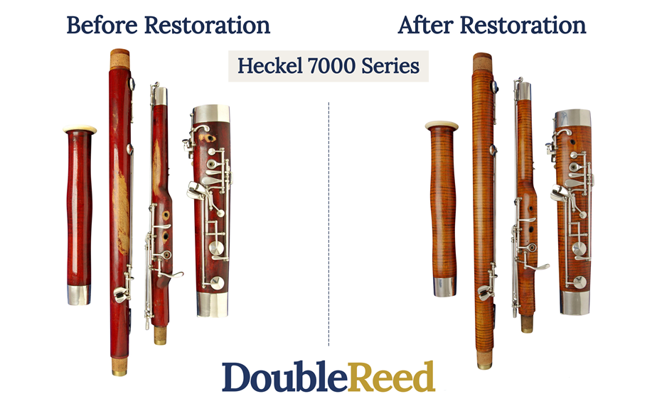 A before restoration and after restoration picture of a 1936 7000 Series Heckel bassoon repaired at Double Ltd.